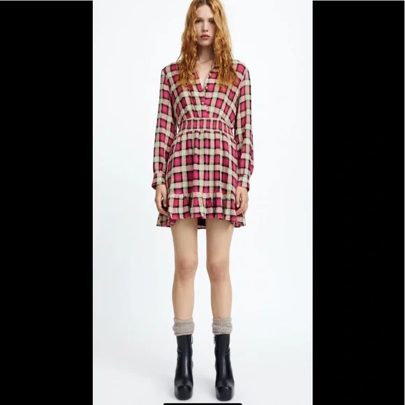 checked mini dress zara New) Zara Mini Dress (black Gray Check) / Small
